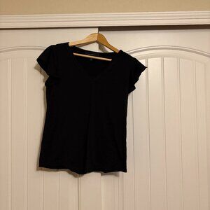 White House Black Market Fitted V Neck T Shirt Small Solid Short Sleeve Gathered